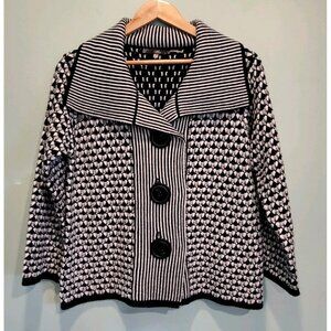 Sioni Black White Boxy Wool Blend Collared Cardigan Sweater Sz M